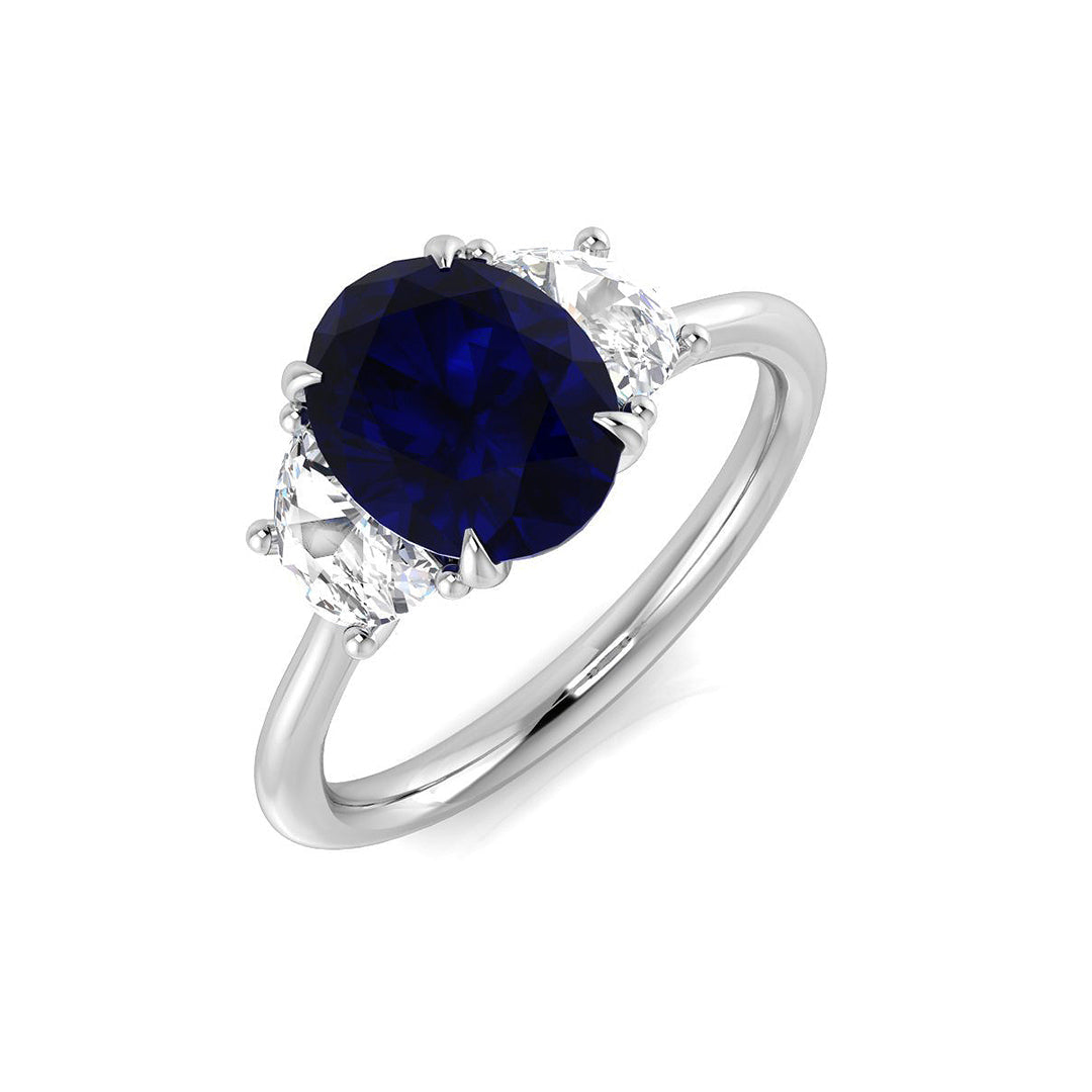 Oval Blue Sapphire & Moon Cut Diamond Three Stone Ring in 10K/14K gold and platinum with certified lab-grown or natural diamonds