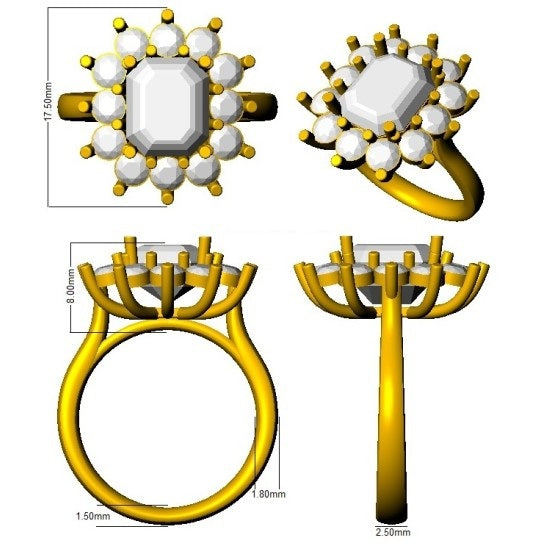 Emerald Cut Blue Sapphire Halo Ring Floral Cluster Natural Diamond in 10K/14K gold and platinum with certified lab-grown or natural diamonds
