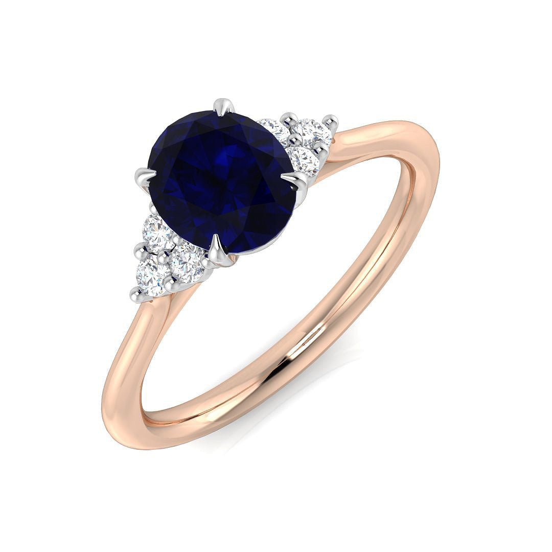 Round Blue Sapphire & Diamond Cluster Three Stone Engagement Ring in 10K/14K gold and platinum with certified lab-grown or natural diamonds