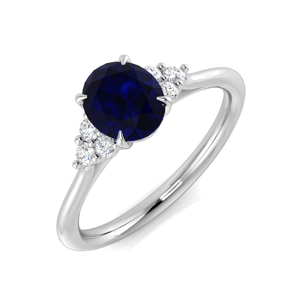 Round Blue Sapphire & Diamond Cluster Three Stone Engagement Ring in 10K/14K gold and platinum with certified lab-grown or natural diamonds