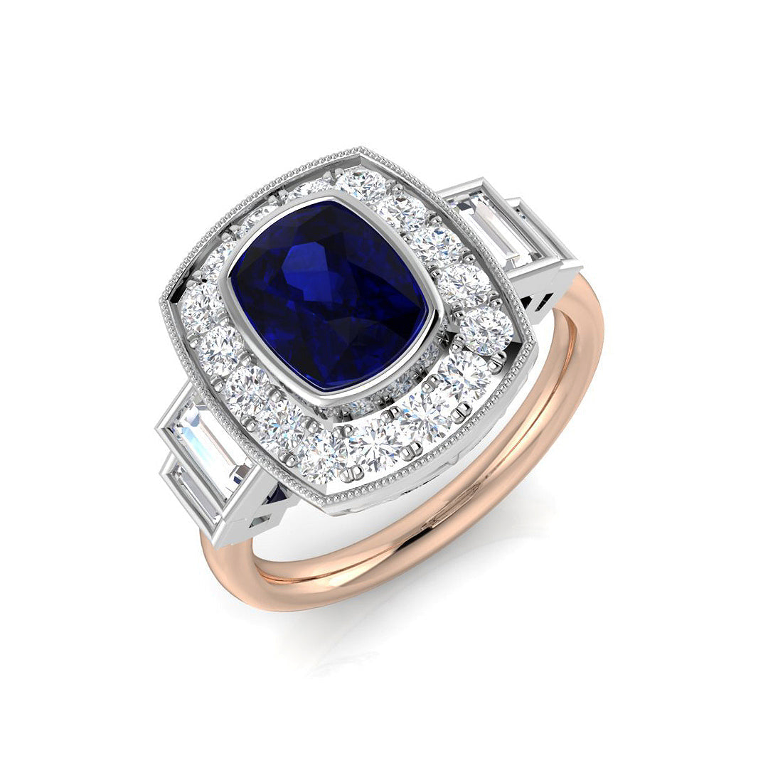 Vintage Milgrain Cushion Blue Sapphire Halo Ring with Baguette Diamonds in 10K/14K gold and platinum with certified lab-grown or natural diamonds