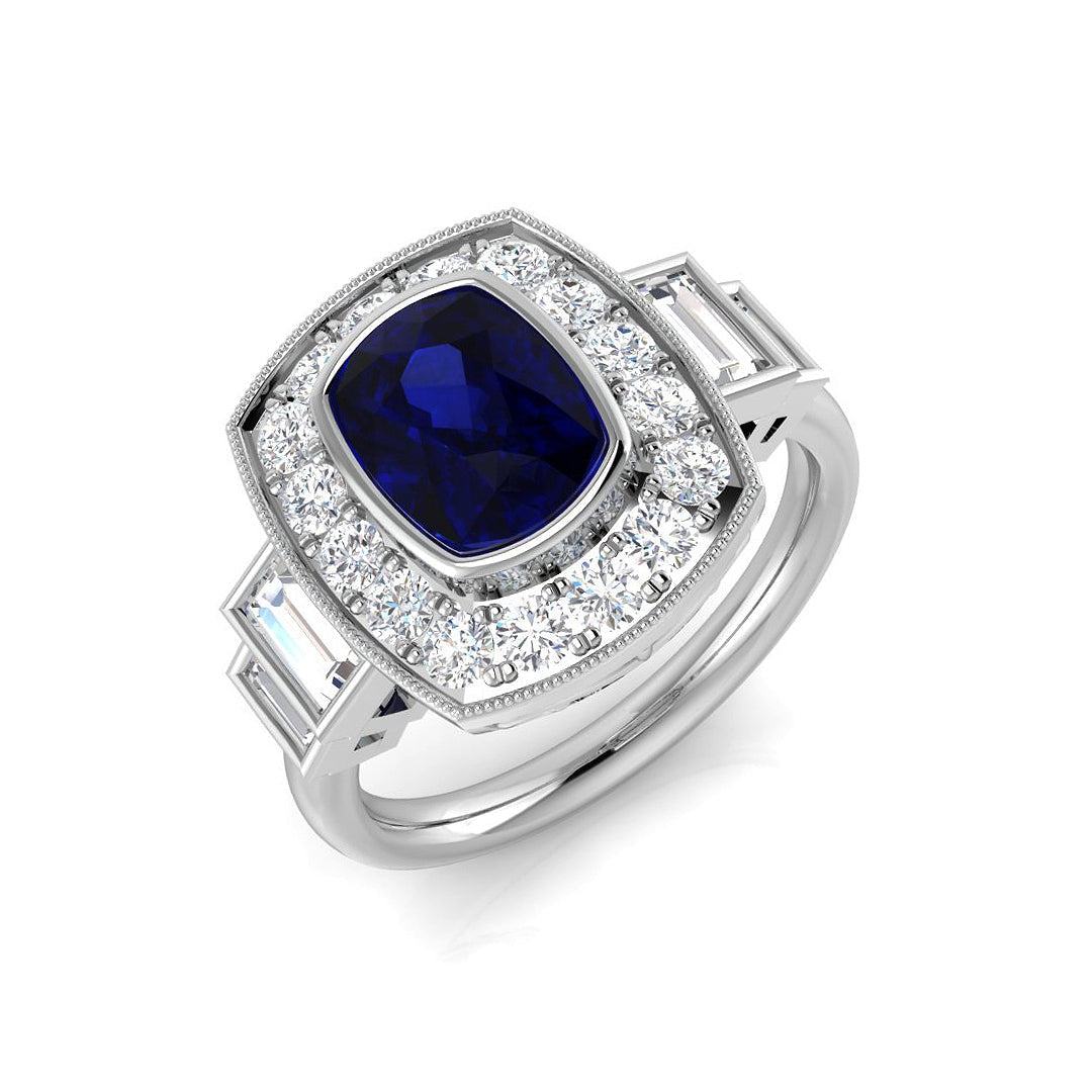Vintage Milgrain Cushion Blue Sapphire Halo Ring with Baguette Diamonds in 10K/14K gold and platinum with certified lab-grown or natural diamonds