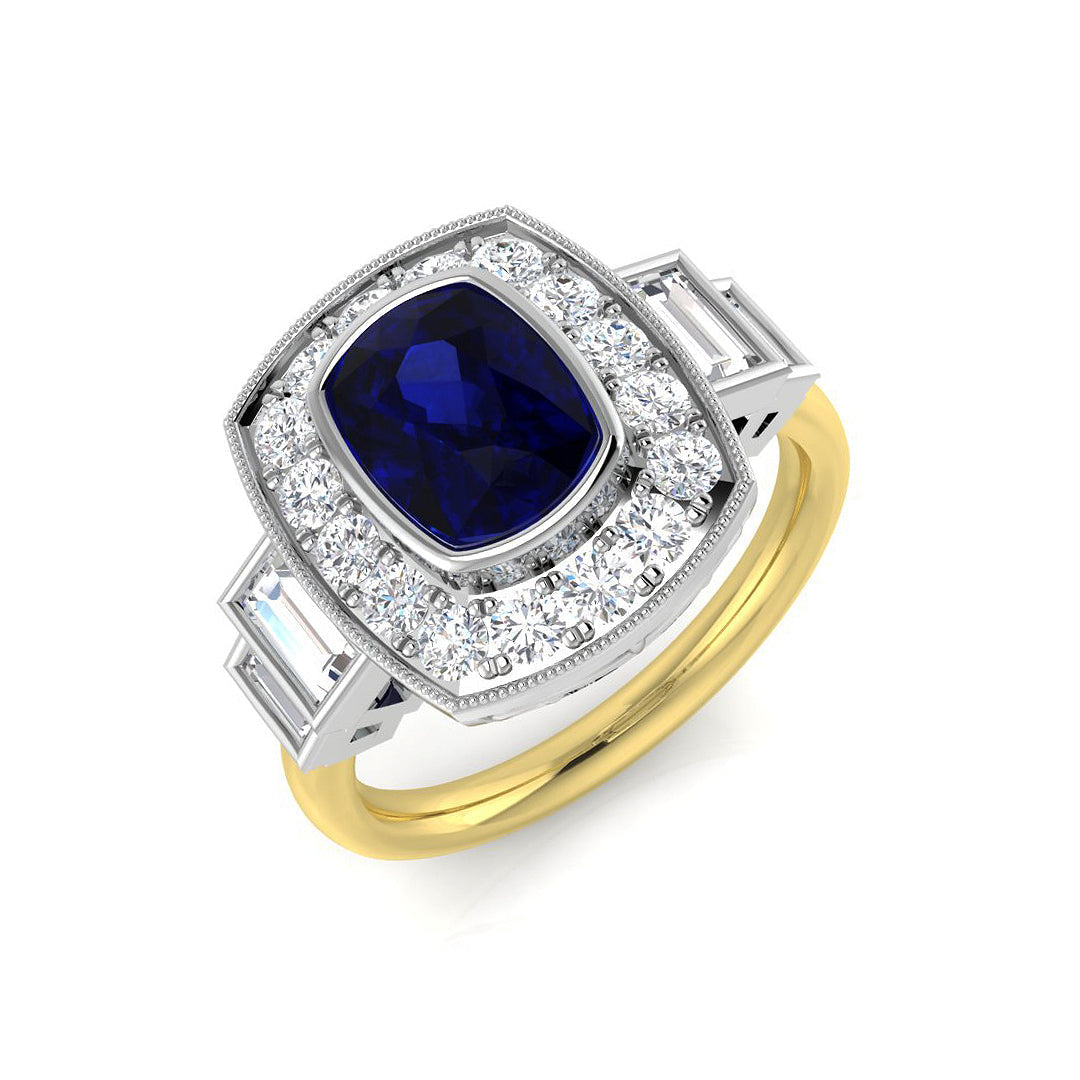 Vintage Milgrain Cushion Blue Sapphire Halo Ring with Baguette Diamonds in 10K/14K gold and platinum with certified lab-grown or natural diamonds