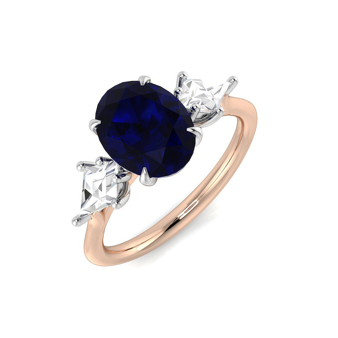Oval Blue Sapphire & Trapezoid Diamond Three Stone Engagement Ring in 10K/14K gold and platinum with certified lab-grown or natural diamonds