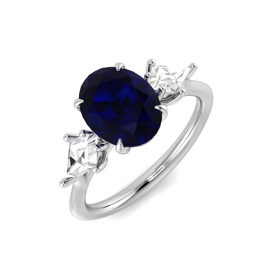 Oval Blue Sapphire & Trapezoid Diamond Three Stone Engagement Ring in 10K/14K gold and platinum with certified lab-grown or natural diamonds