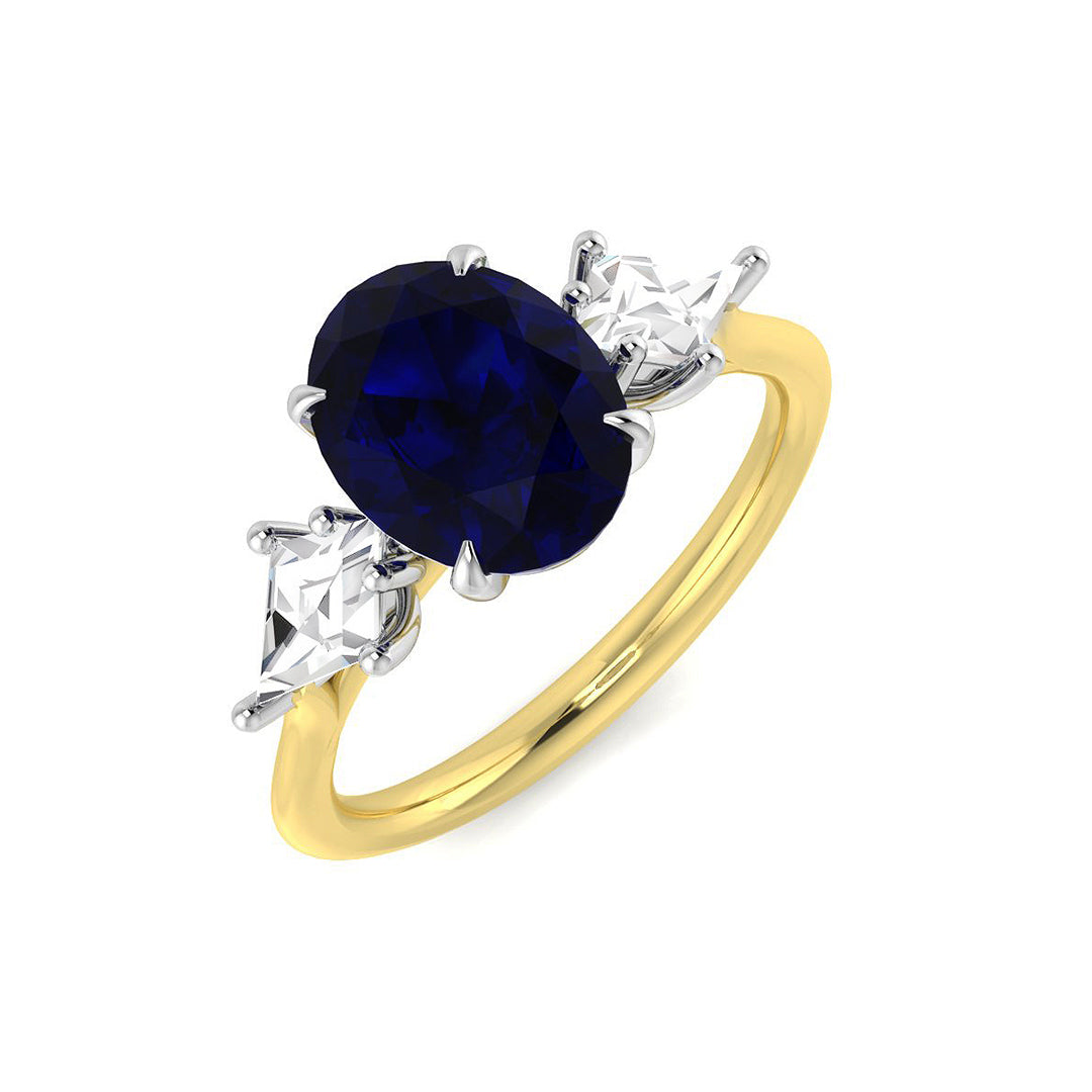 Oval Blue Sapphire & Trapezoid Diamond Three Stone Engagement Ring in 10K/14K gold and platinum with certified lab-grown or natural diamonds