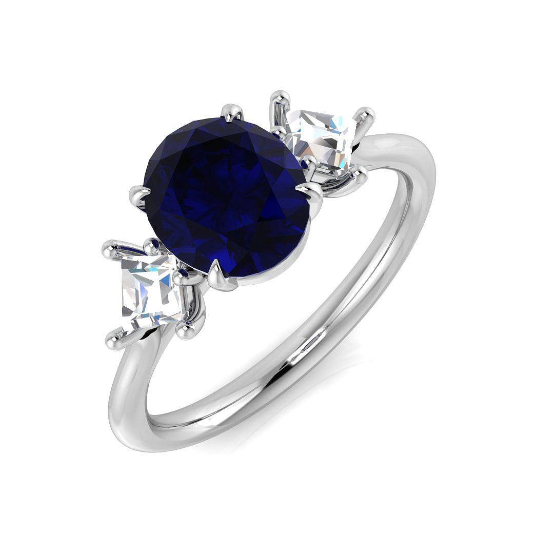 Oval Blue Sapphire & Princess Cut Diamond Three Stone Ring in 10K/14K gold and platinum with certified lab-grown or natural diamonds