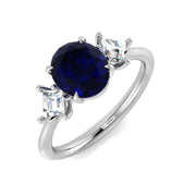 Oval Blue Sapphire & Princess Cut Diamond Three Stone Ring in 10K/14K gold and platinum with certified lab-grown or natural diamonds