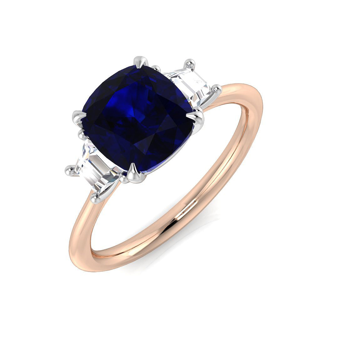 Cushion Cut Blue Sapphire & Baguette Diamond Three Stone Engagement Ring in 10K/14K gold and platinum with certified lab-grown or natural diamonds
