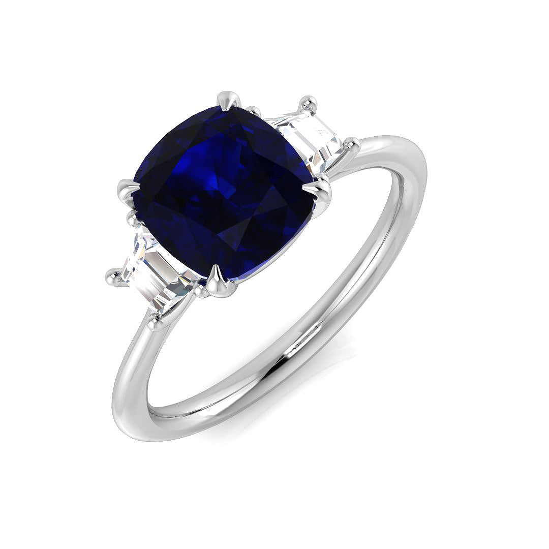 Cushion Cut Blue Sapphire & Baguette Diamond Three Stone Engagement Ring in 10K/14K gold and platinum with certified lab-grown or natural diamonds