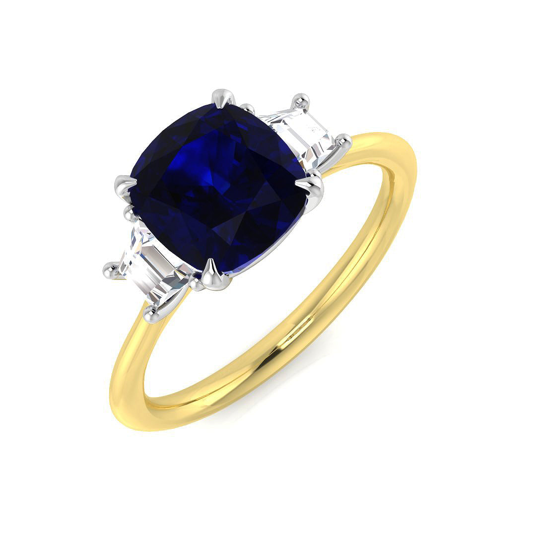 Cushion Cut Blue Sapphire & Baguette Diamond Three Stone Engagement Ring in 10K/14K gold and platinum with certified lab-grown or natural diamonds