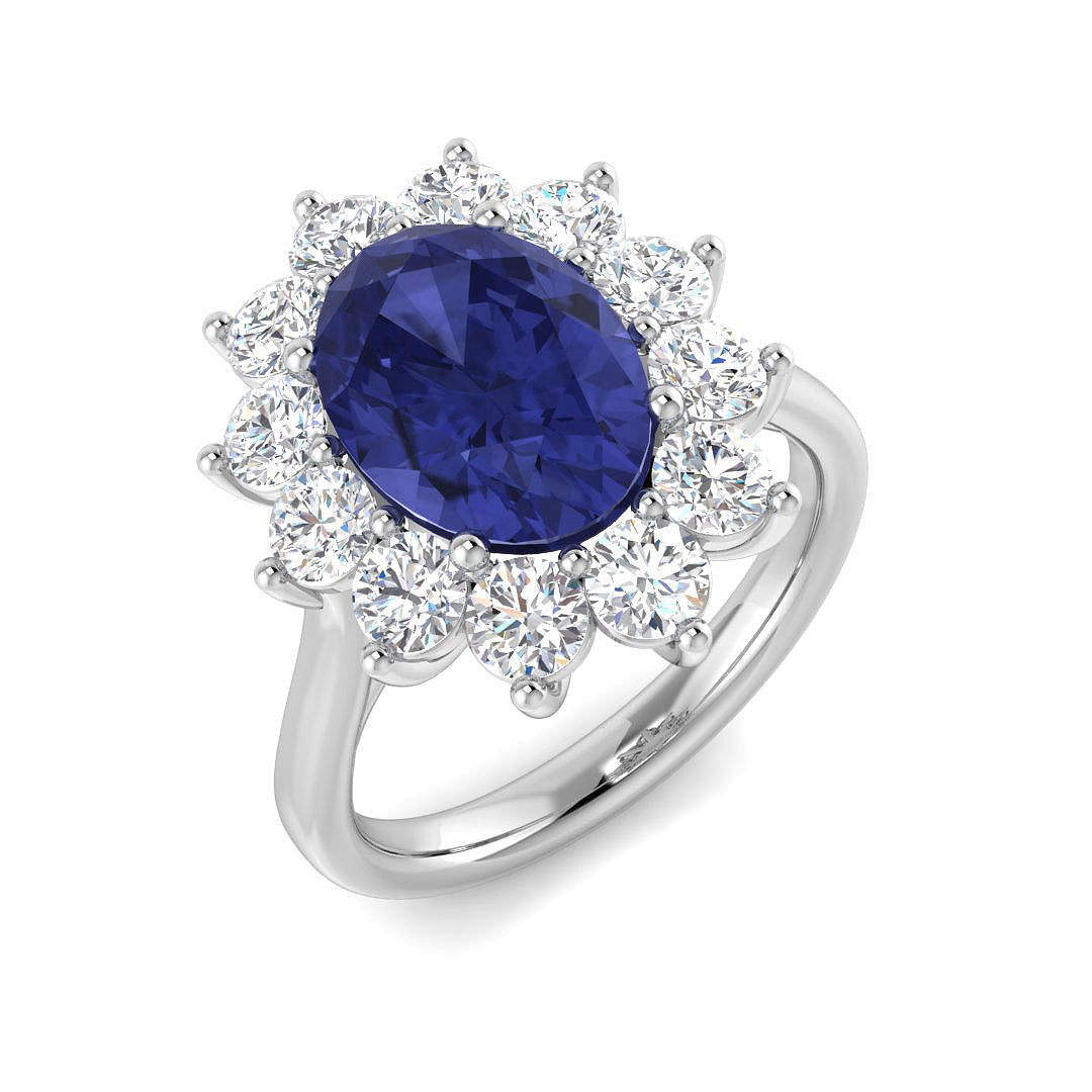 Oval Cut Tanzanite Cluster Gemstone Halo Ring - UK Hallmarked Jewelry in 10K/14K gold and platinum with certified lab-grown or natural diamonds