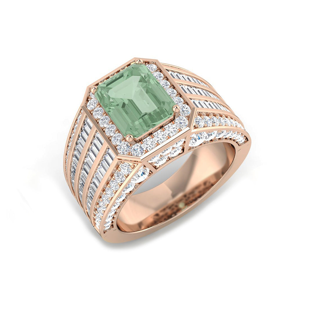 Green Amethyst Cocktail Ring with Baguette & Pave Diamonds in 10K/14K gold and platinum with certified lab-grown or natural diamonds