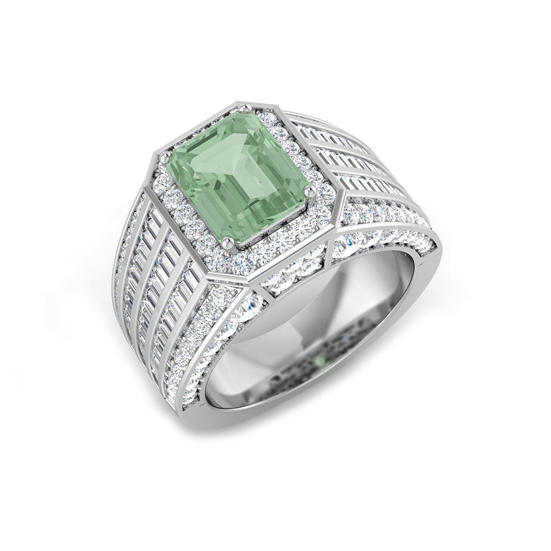 Green Amethyst Cocktail Ring with Baguette & Pave Diamonds in 10K/14K gold and platinum with certified lab-grown or natural diamonds