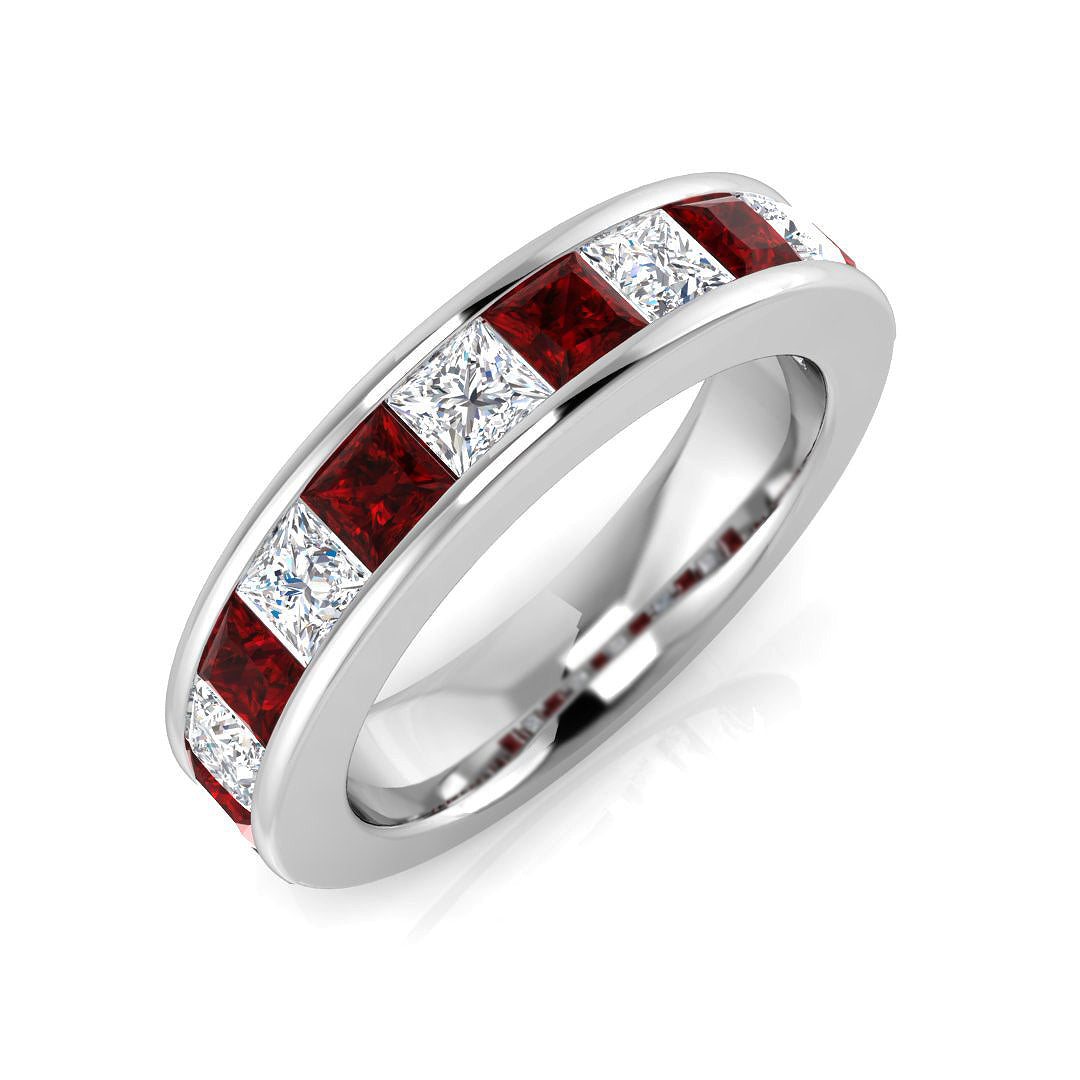 Ruby Half Eternity Ring with Princess Cut Diamonds in 10K/14K gold and platinum with certified lab-grown or natural diamonds