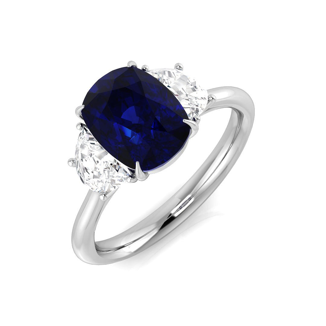 Cushion Blue Sapphire & Moon Cut Diamond Three Stone Engagement Ring in 10K/14K gold and platinum with certified lab-grown or natural diamonds