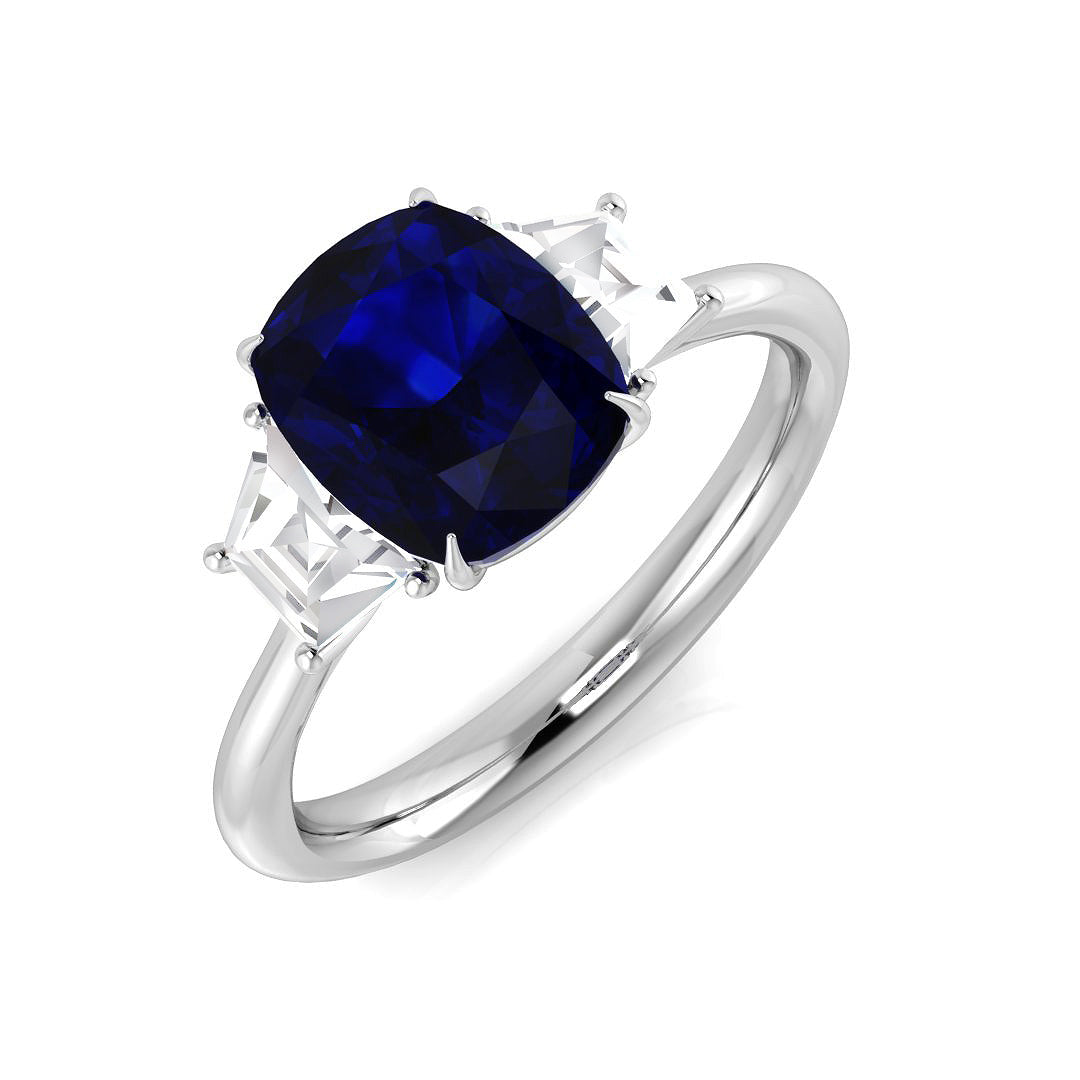 Cushion Blue Sapphire & Trapezoid Diamond Three Stone Engagement Ring in 10K/14K gold and platinum with certified lab-grown or natural diamonds