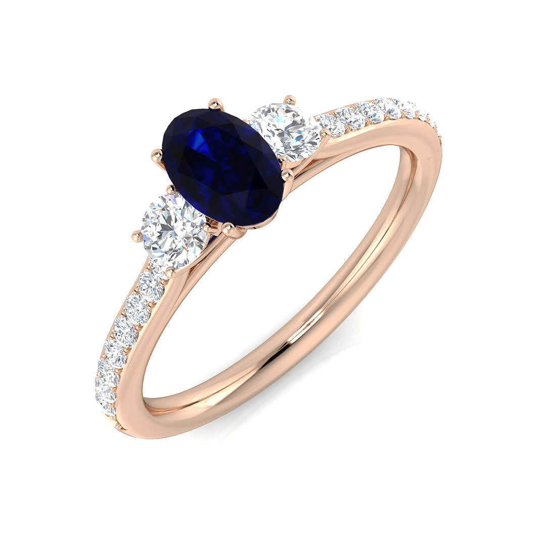 Oval Blue Sapphire Three Stone Ring in 10K/14K gold and platinum with certified lab-grown or natural diamonds