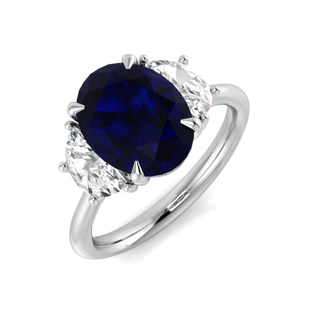 Oval Blue Sapphire & Moon Cut Diamond Three Stone Engagement Ring in 10K/14K gold and platinum with certified lab-grown or natural diamonds