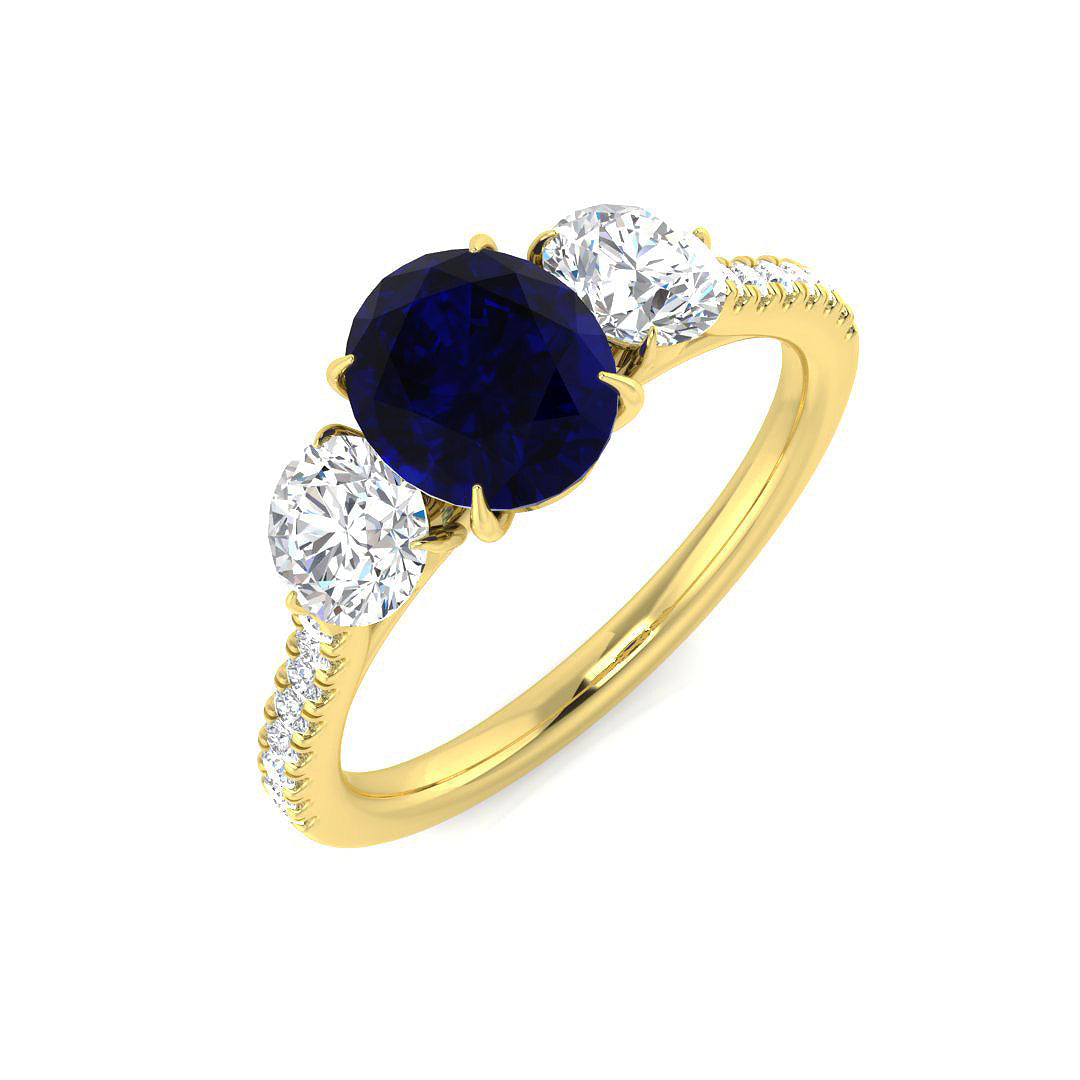 Blue Sapphire Three Stone Ring in 10K/14K gold and platinum with certified lab-grown or natural diamonds