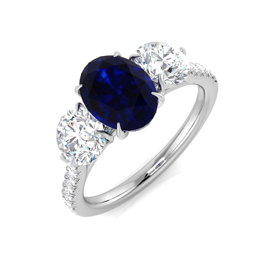 Oval Blue Sapphire & Oval Diamond Three Stone Ring in 10K/14K gold and platinum with certified lab-grown or natural diamonds