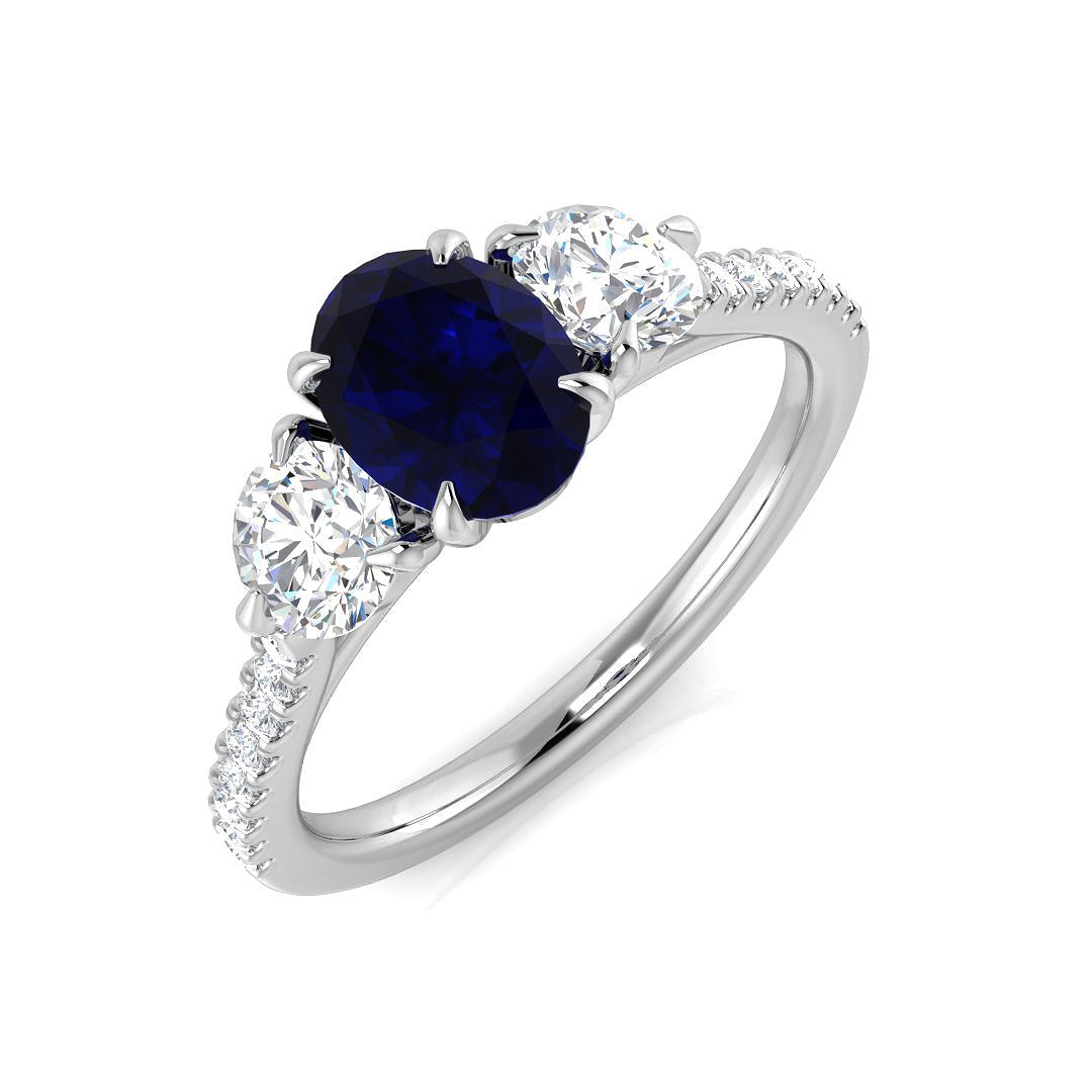 Oval Blue Sapphire Three Stone Ring in 10K/14K gold and platinum with certified lab-grown or natural diamonds