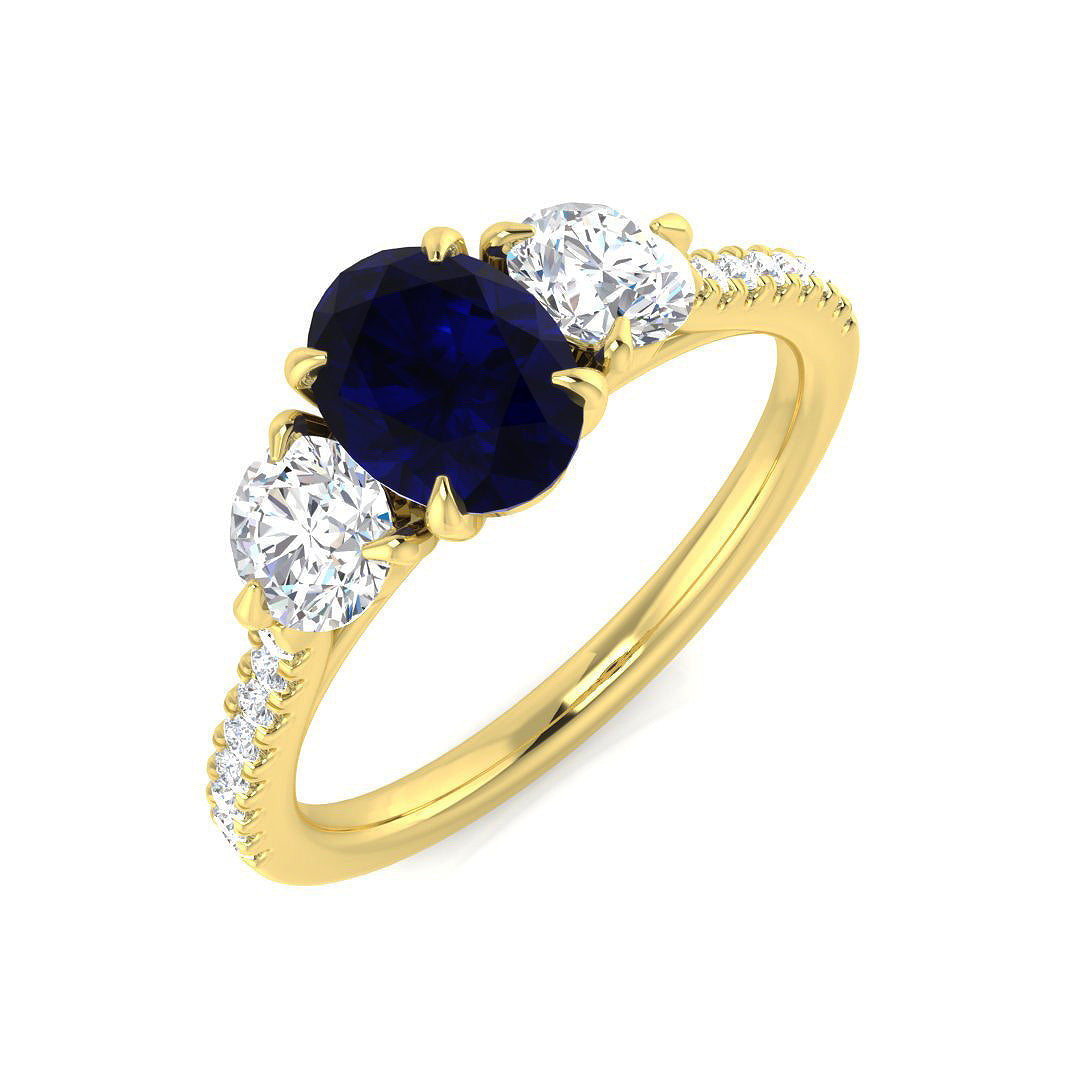 Oval Blue Sapphire Three Stone Ring in 10K/14K gold and platinum with certified lab-grown or natural diamonds