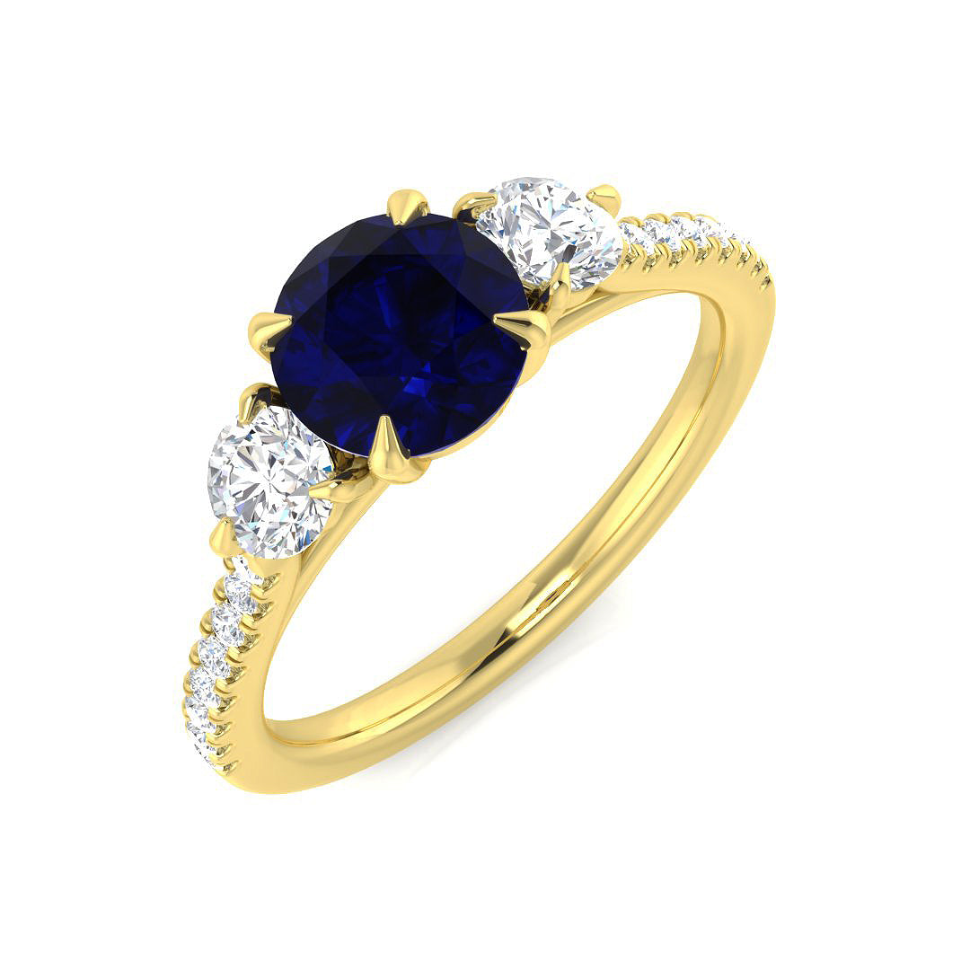 Round Blue Sapphire & Oval Diamond Three Stone Ring in 10K/14K gold and platinum with certified lab-grown or natural diamonds
