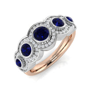 Blue Sapphire Diamond Five Stone Halo Ring in 10K/14K gold and platinum with certified lab-grown or natural diamonds
