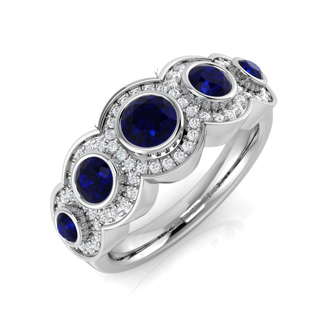 Blue Sapphire Diamond Five Stone Halo Ring in 10K/14K gold and platinum with certified lab-grown or natural diamonds