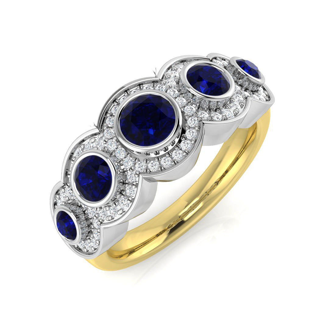 Blue Sapphire Diamond Five Stone Halo Ring in 10K/14K gold and platinum with certified lab-grown or natural diamonds