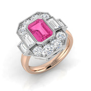 Pink Sapphire Vintage Ring with Natural Diamond Halo in 10K/14K gold and platinum with certified lab-grown or natural diamonds