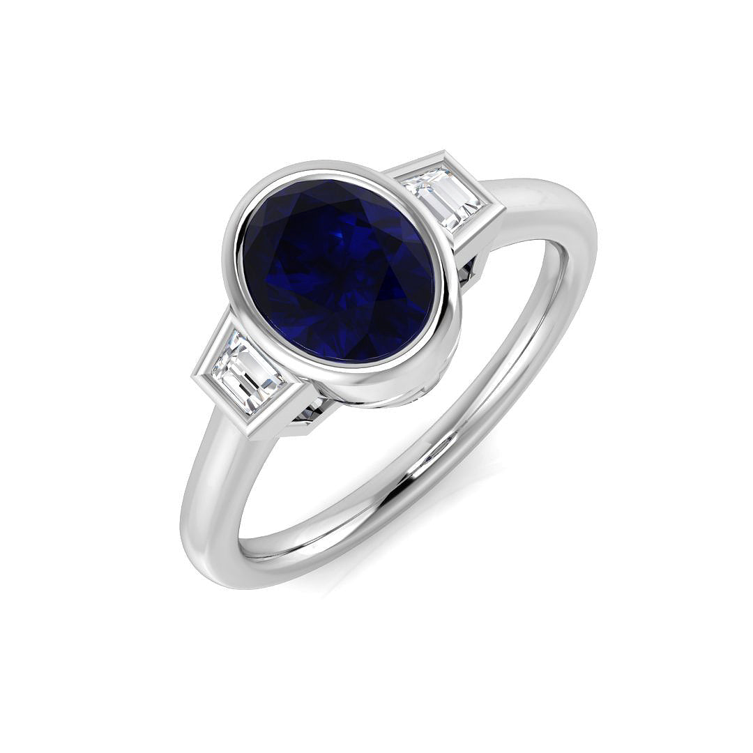 Oval Blue Sapphire & Baguette Diamond Bezel Engagement Ring in 10K/14K gold and platinum with certified lab-grown or natural diamonds