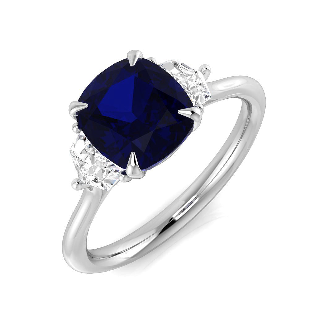 Cushion Blue Sapphire & Cadillac Diamond Three Stone Ring in 10K/14K gold and platinum with certified lab-grown or natural diamonds