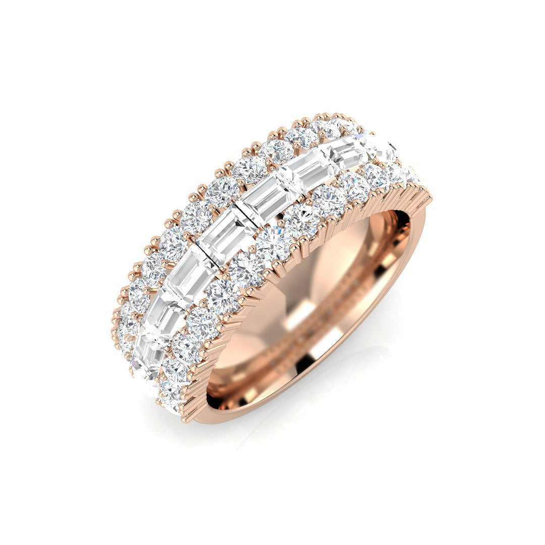 2.25Ct Round and Baguette Three Row Eternity Ring in 10K/14K gold and platinum with certified lab-grown or natural diamonds