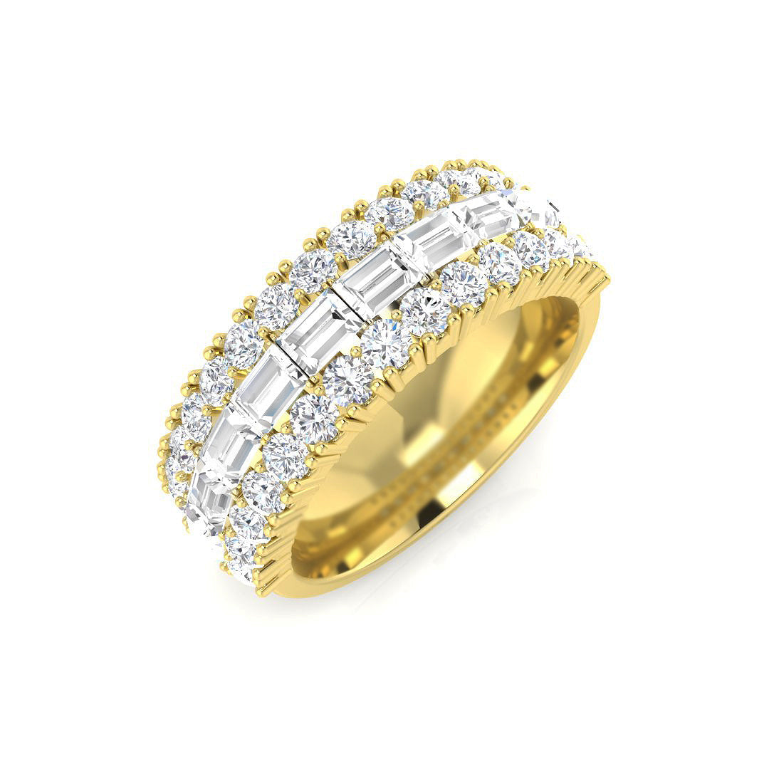 2.25Ct Round and Baguette Three Row Eternity Ring in 10K/14K gold and platinum with certified lab-grown or natural diamonds