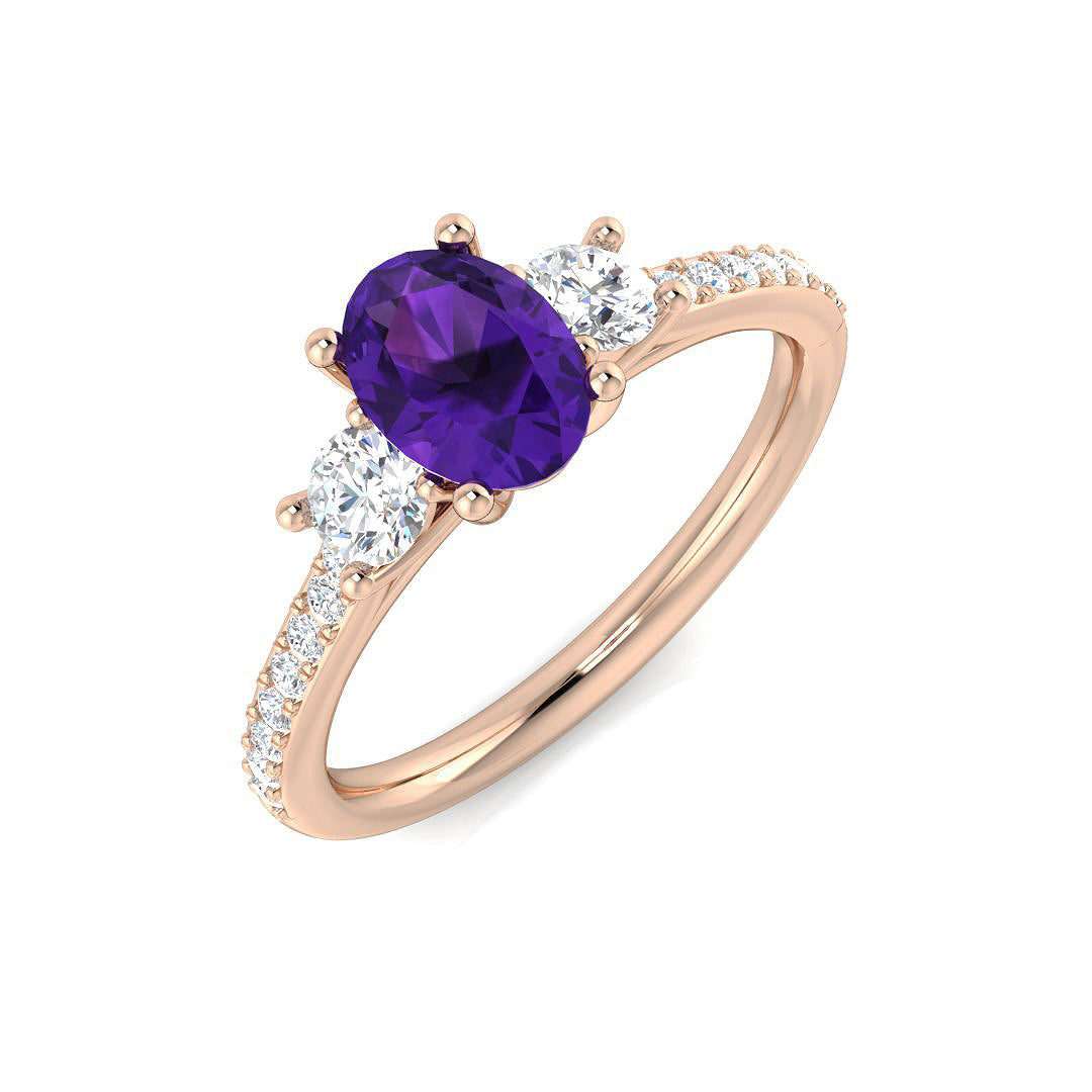 Oval Cut Amethyst Trilogy Ring with Round Side Stones in 10K/14K gold and platinum with certified lab-grown or natural diamonds
