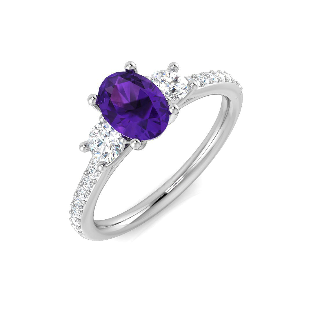 Oval Cut Amethyst Trilogy Ring with Round Side Stones in 10K/14K gold and platinum with certified lab-grown or natural diamonds