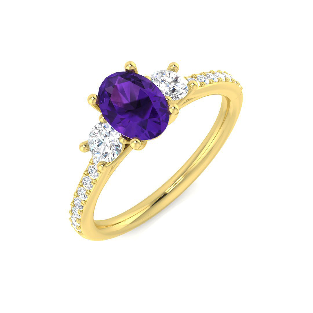 Oval Cut Amethyst Trilogy Ring with Round Side Stones in 10K/14K gold and platinum with certified lab-grown or natural diamonds