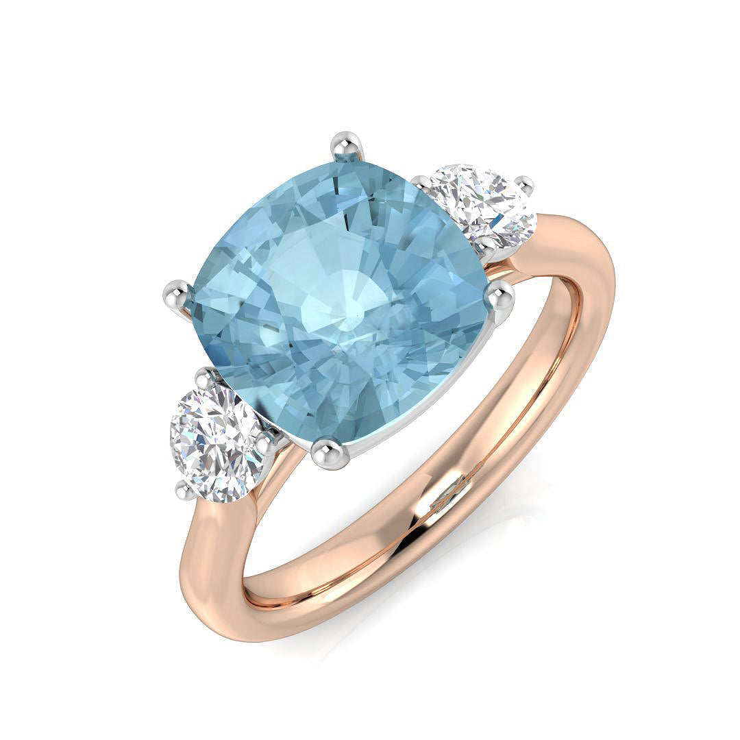 Cushion Cut Aquamarine Three Stone Ring with Round Diamonds in 10K/14K gold and platinum with certified lab-grown or natural diamonds
