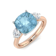 Cushion Cut Aquamarine Three Stone Ring with Round Diamonds in 10K/14K gold and platinum with certified lab-grown or natural diamonds