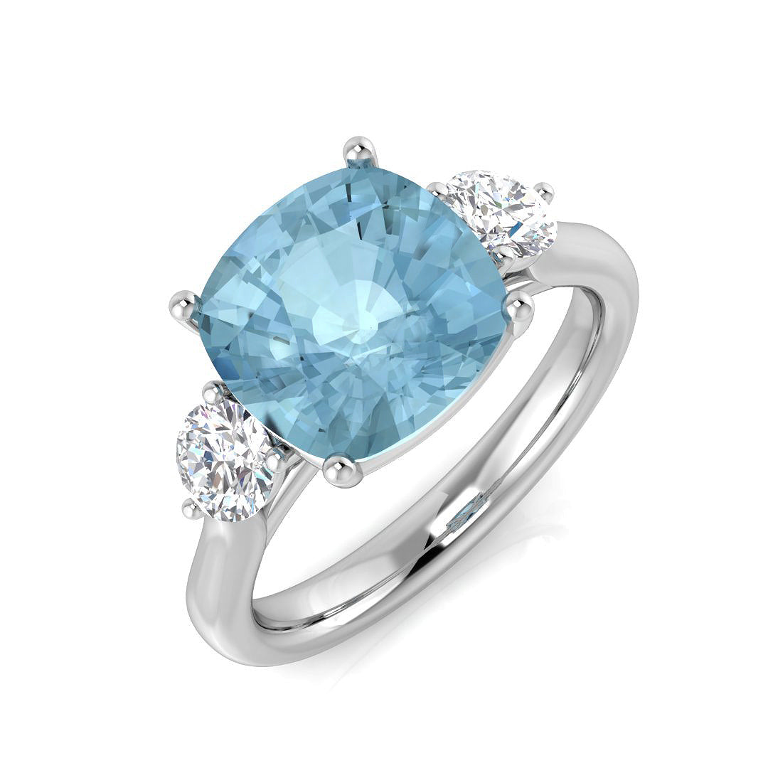 Cushion Cut Aquamarine Three Stone Ring with Round Diamonds in 10K/14K gold and platinum with certified lab-grown or natural diamonds