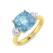 Cushion Cut Aquamarine Three Stone Ring with Round Diamonds in 10K/14K gold and platinum with certified lab-grown or natural diamonds