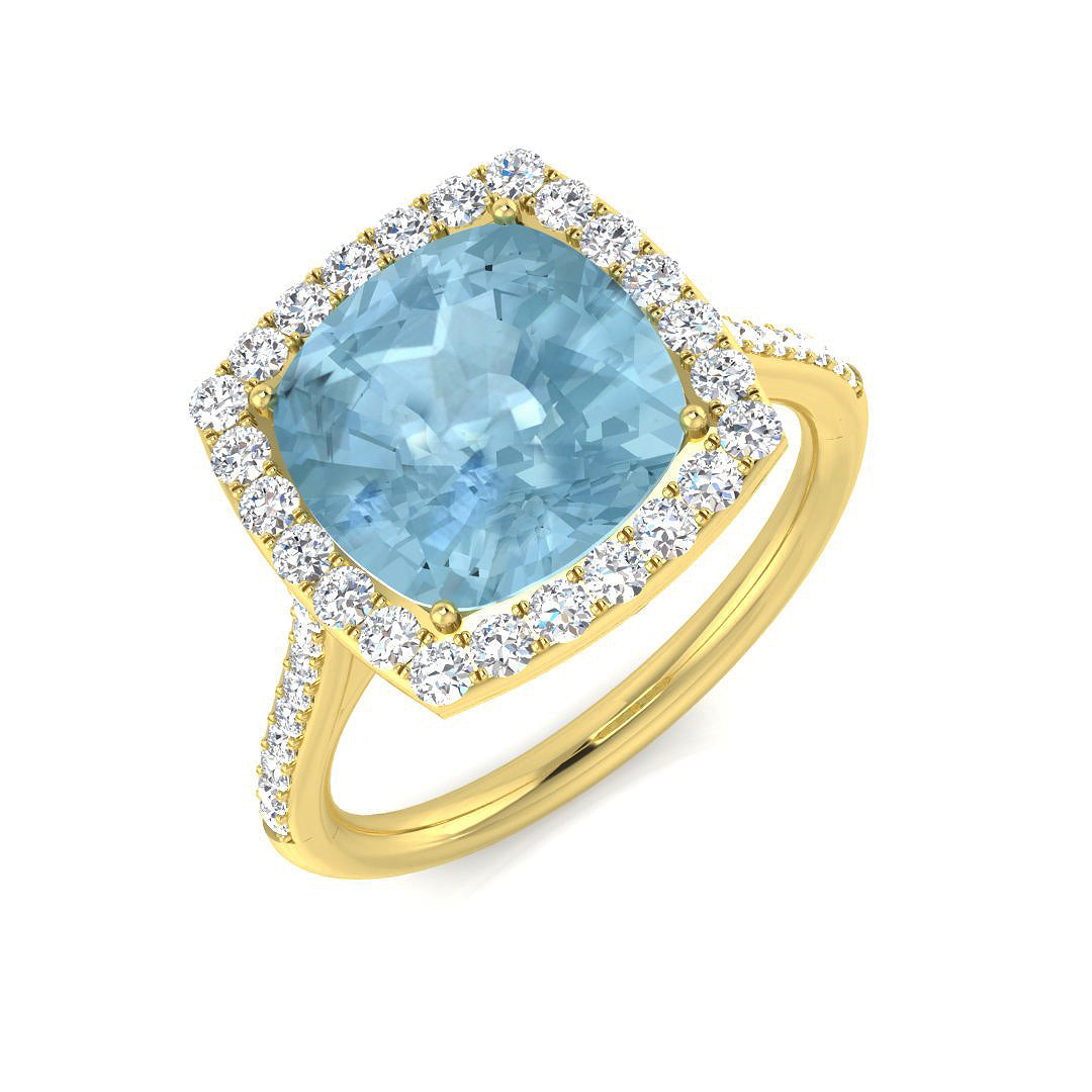 Cushion Cut Aquamarine Ring Halo Engagement Ring - Fine Jewellery in 10K/14K gold and platinum with certified lab-grown or natural diamonds