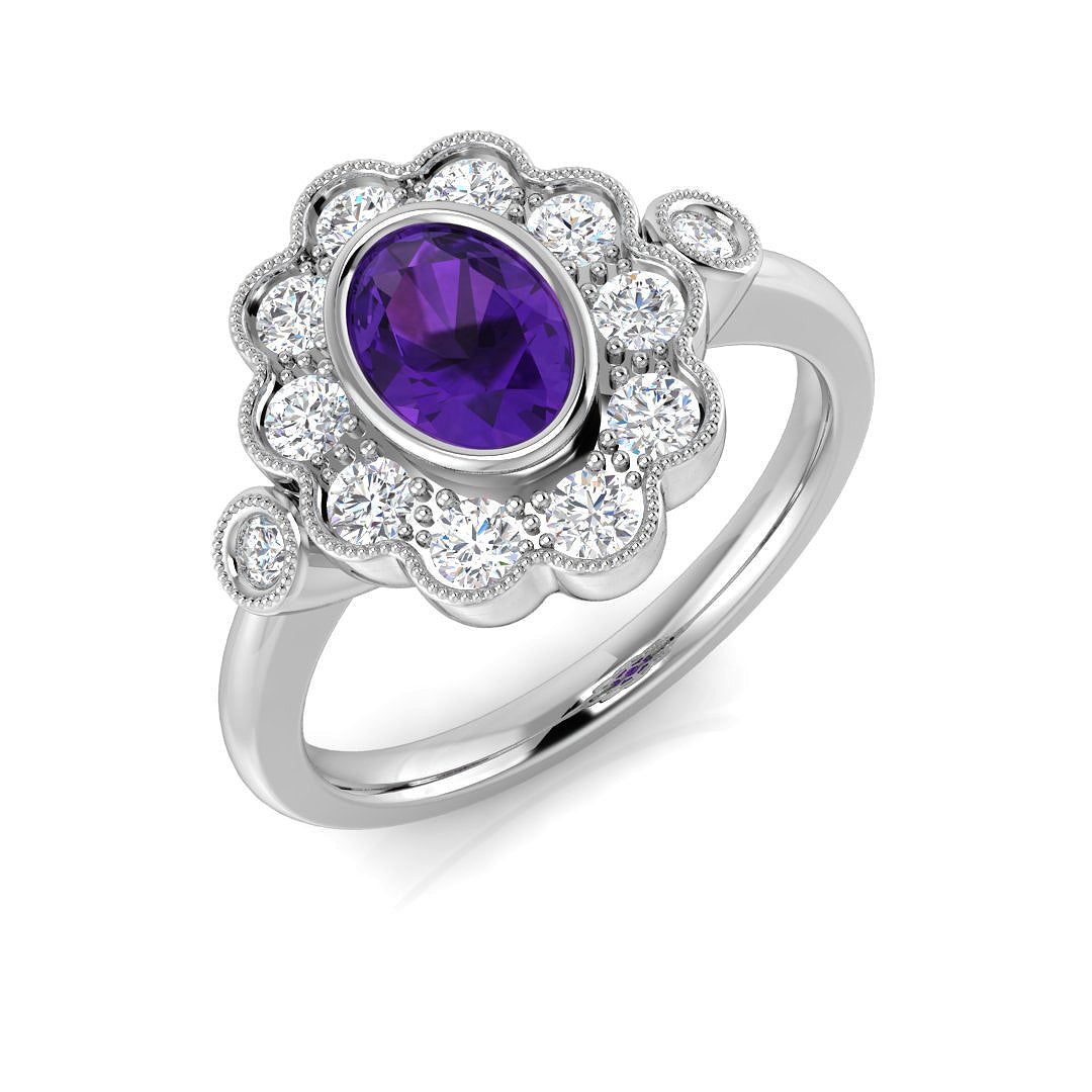 Oval Cut Amethyst Ring in 10K/14K gold and platinum with certified lab-grown or natural diamonds