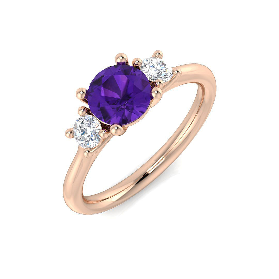 Amethyst Three Stone Ring with Natural Diamonds in 10K/14K gold and platinum with certified lab-grown or natural diamonds