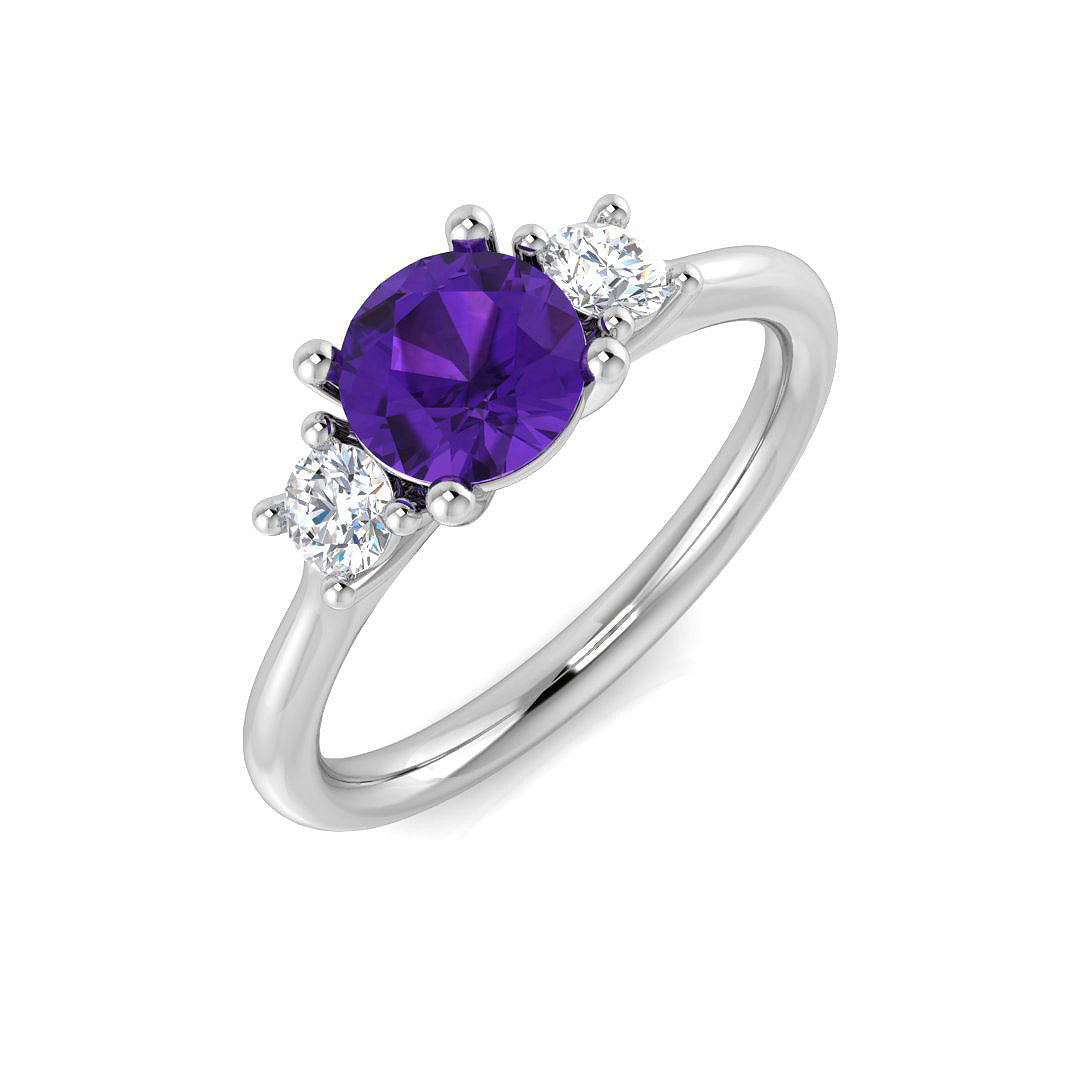Amethyst Three Stone Ring with Natural Diamonds in 10K/14K gold and platinum with certified lab-grown or natural diamonds
