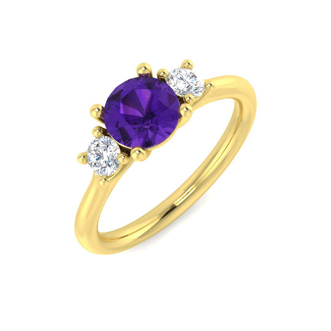 Amethyst Three Stone Ring with Natural Diamonds in 10K/14K gold and platinum with certified lab-grown or natural diamonds