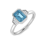 Emerald Cut Blue Topaz Side Stone Ring with Natural Pave Diamonds in 10K/14K gold and platinum with certified lab-grown or natural diamonds