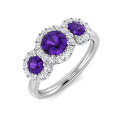 Round Cut Amethyst Halo Ring Trilogy Cluster Ring in 10K/14K gold and platinum with certified lab-grown or natural diamonds
